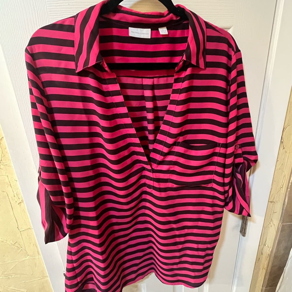 Hot Pink and Black Striped Collared V-Neck Blouse